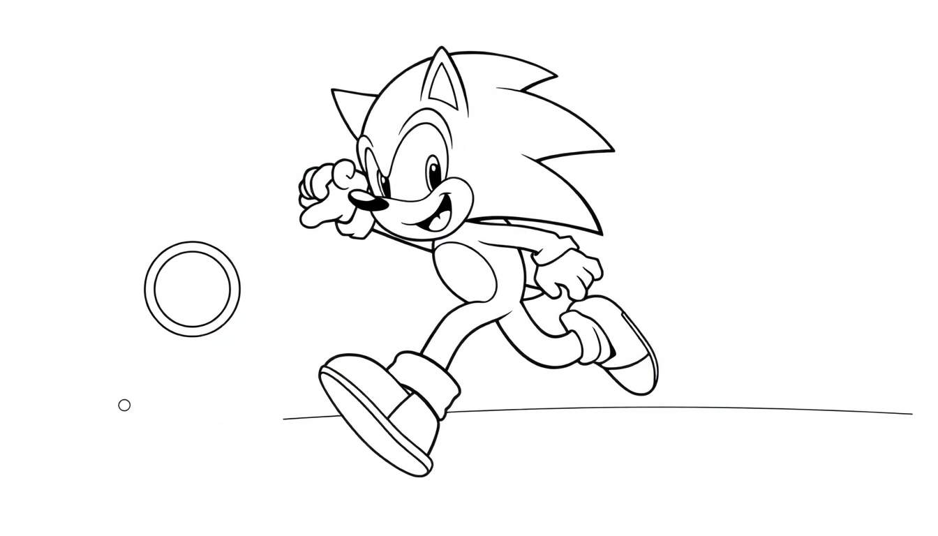 A black-and-white color panel showing Sonic the Hedgehog running with a big smile towards a golden ring.