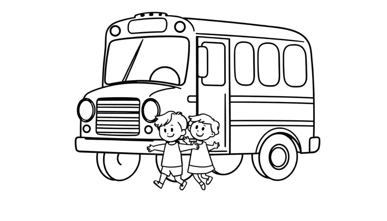 Black and white cartoon color panel of a school bus and two kids.