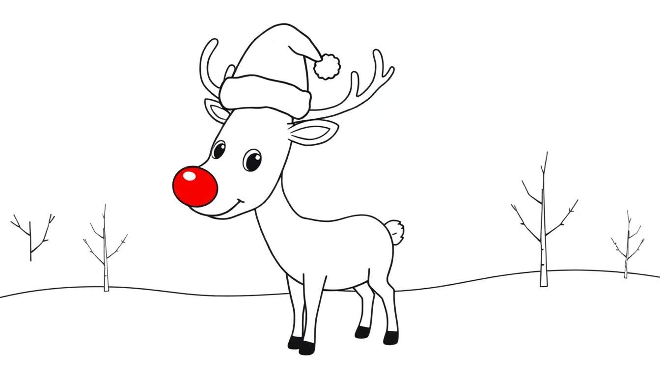 A black and white cartoon reindeer with a red nose and Santa hat, ready for coloring on a snowy color panel.