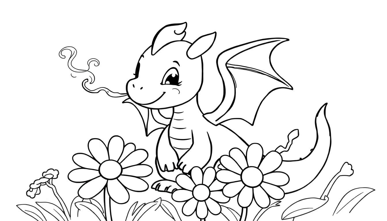 A black and white drawing of a cute baby dragon sitting amongst flowers, part of a color panel.
