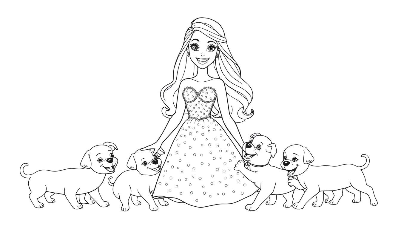 A happy woman in a sparkly dress, surrounded by playful puppies, is a coloring panel.