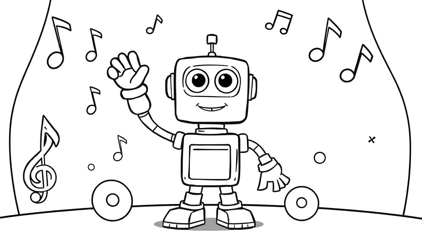 A happy robot waving on a stage with a color panel, surrounded by musical notes.