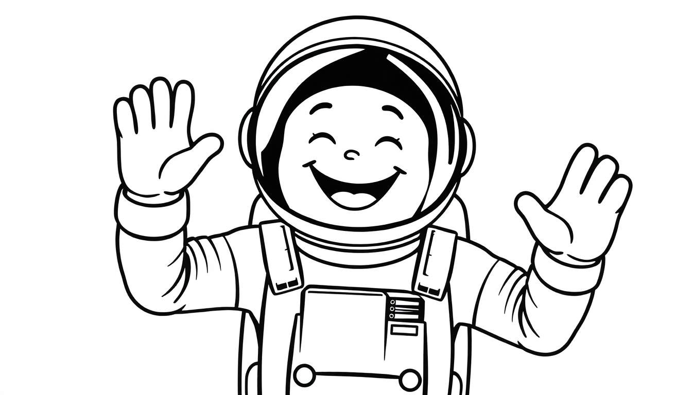 A happy astronaut in a retro space suit, with arms raised and eyes closed in a smile, ready for a color panel adventure.