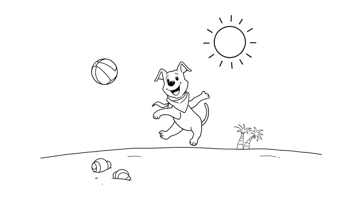 A happy cartoon dog in a bandana plays fetch on a beach under a smiling sun. This color panel shows a fun day at the beach!