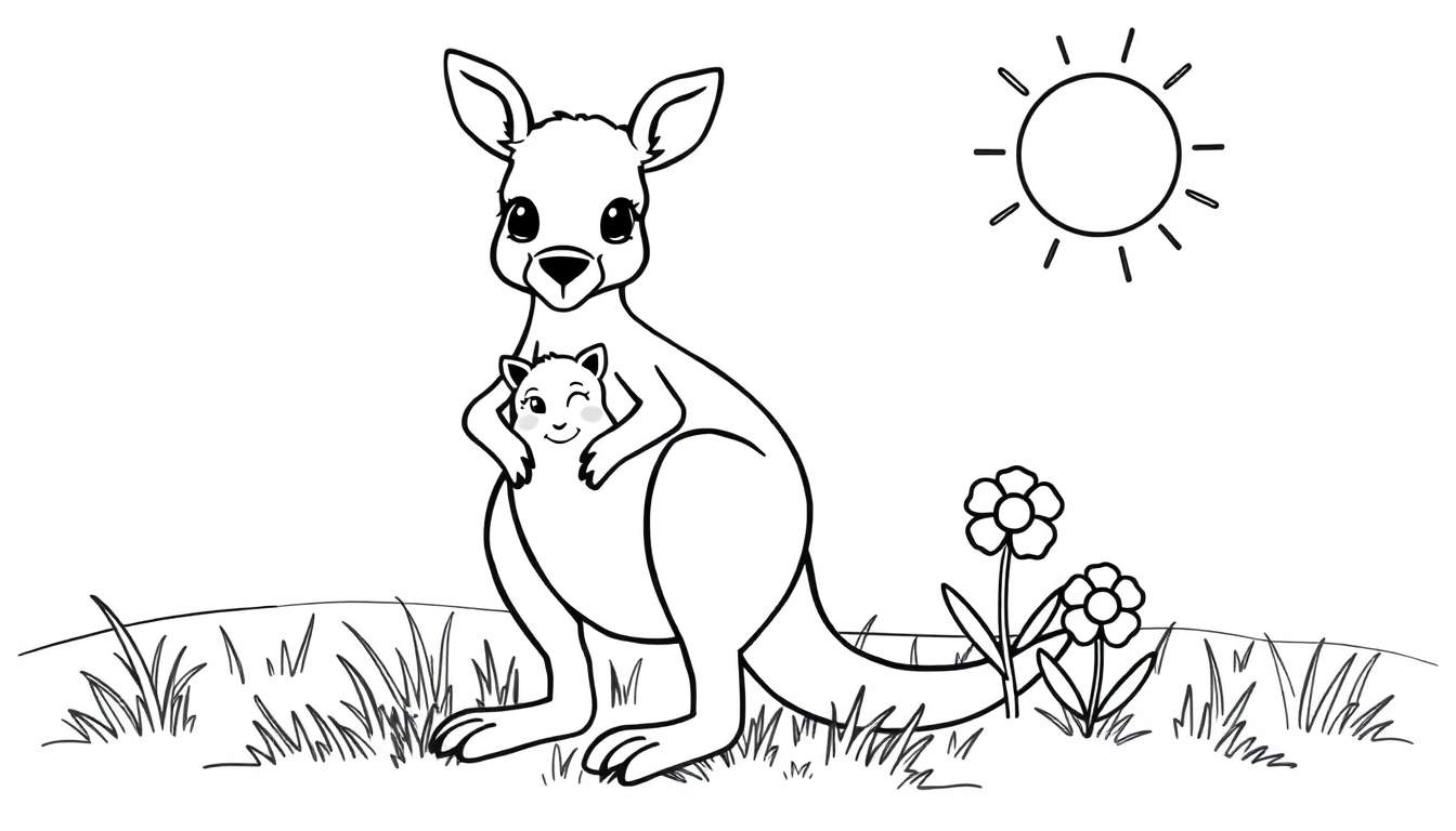 A black and white coloring panel of a kangaroo with a joey in its pouch, standing in a grassy field with flowers and a sun.