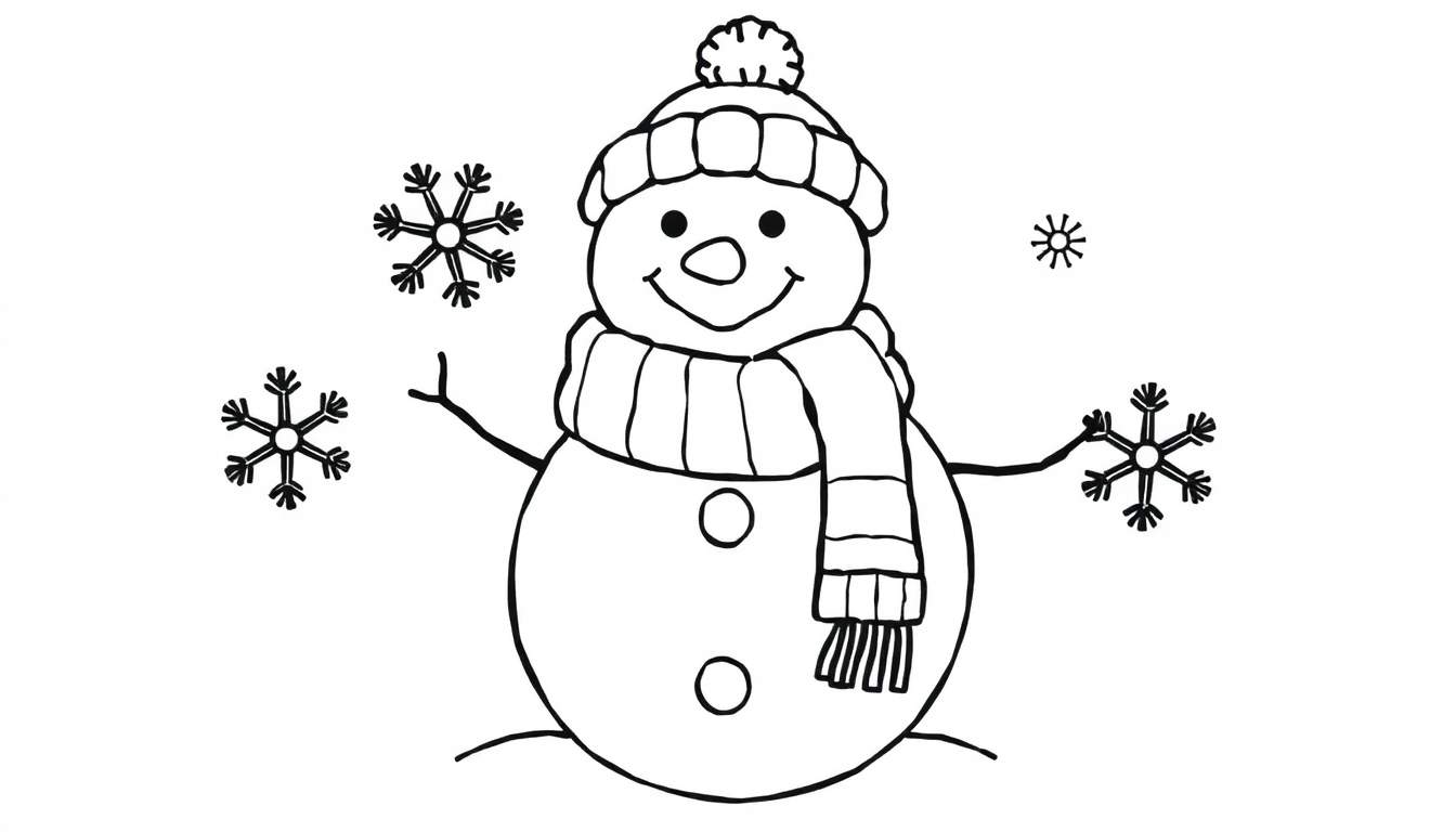 A friendly snowman in a color panel, ready to be colored, wearing a scarf and hat with a snowflake.
