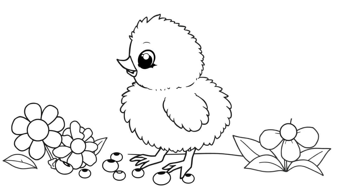 A cute chick in a color panel, surrounded by flowers and berries, ready for coloring.