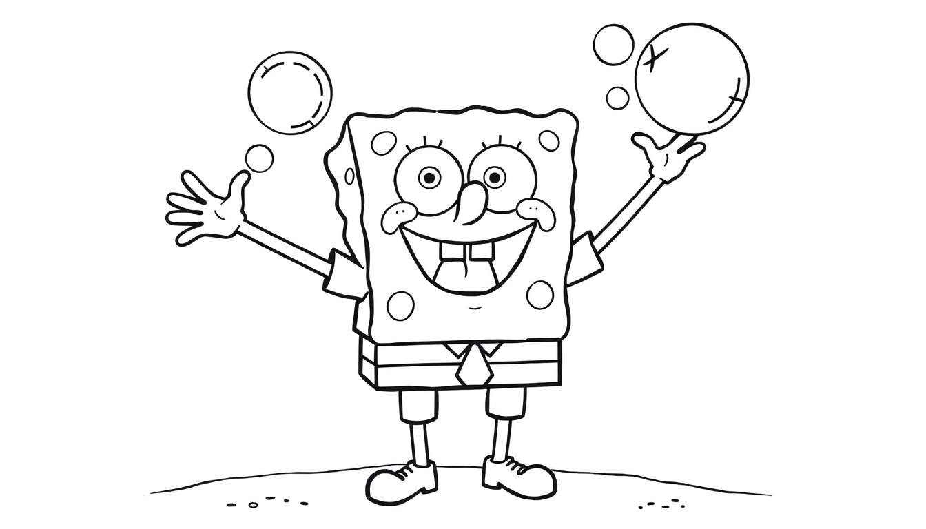 A black and white color panel of SpongeBob SquarePants smiling with arms outstretched and bubbles around him.