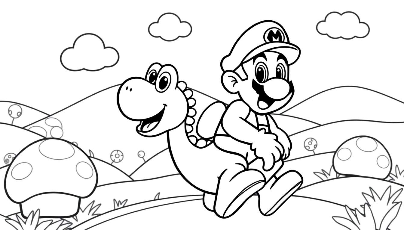 Mario and Yoshi in a fun color panel, ready for adventure!