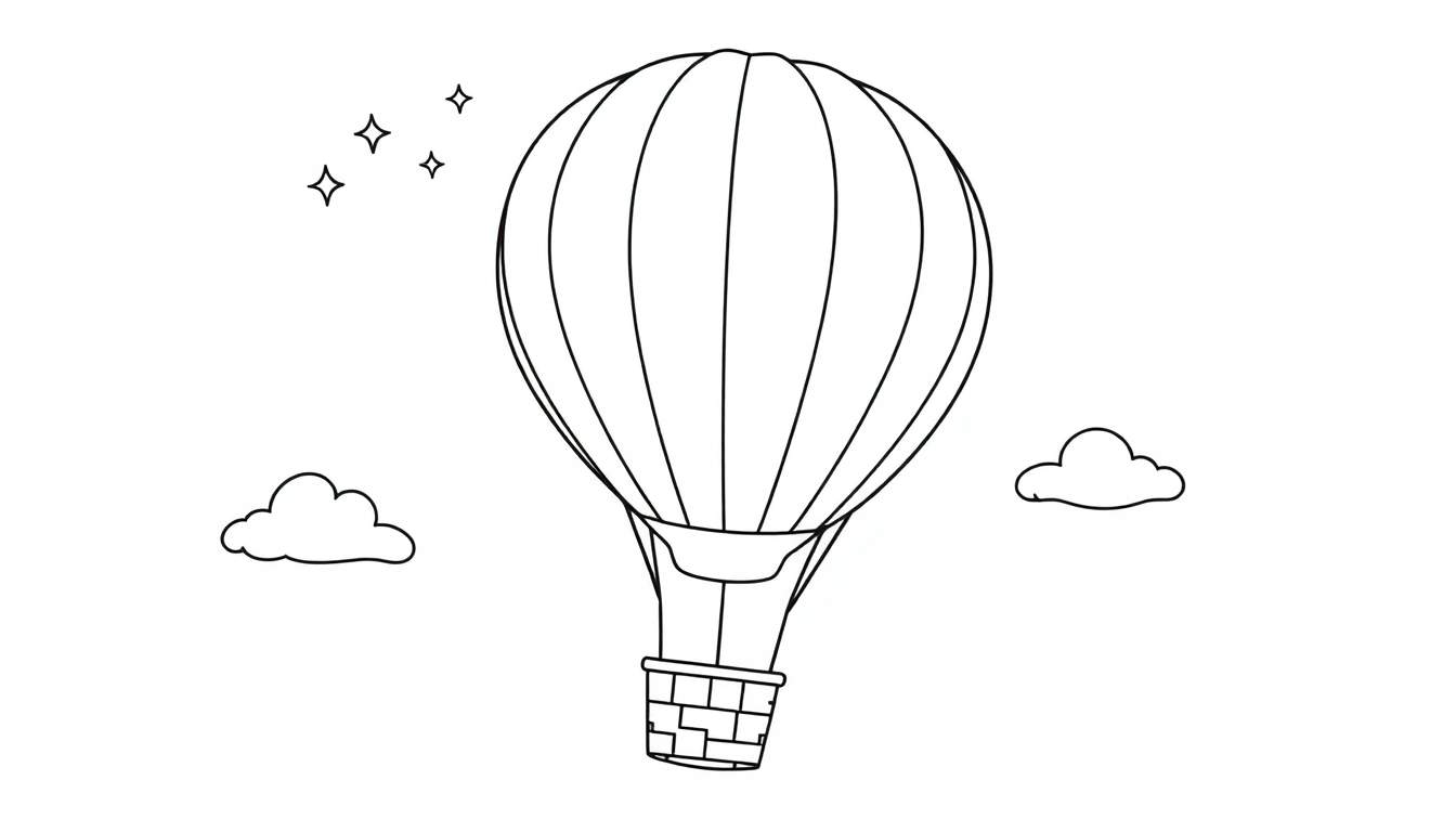 A black and white drawing of a hot air balloon with color panels floating near stars and clouds.
