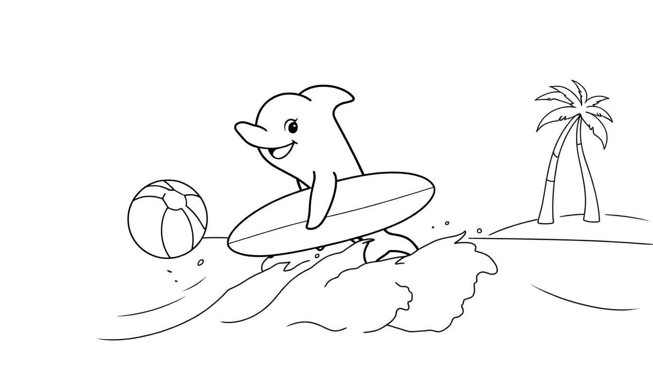 A black and white cartoon dolphin surfs a wave, with a beach ball and a small island in the distance. This outline drawing is perfect for a color panel.