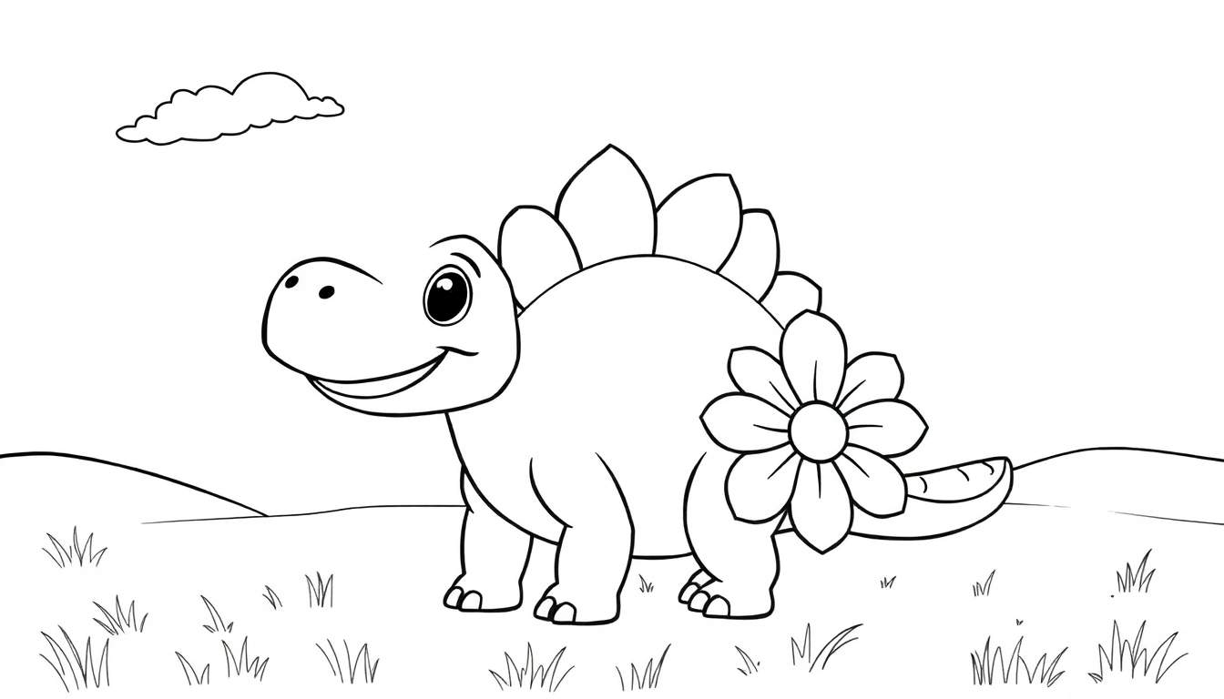 A cute black and white cartoon Stegosaurus with a big flower on its back, smiling in a grassy field under a cloud. This is a fun color panel drawing.