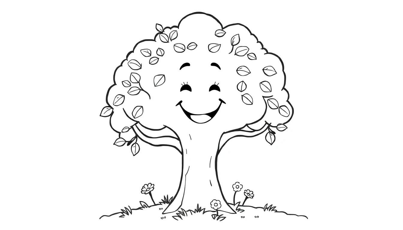A friendly smiling tree in a black and white color panel, ready for coloring.