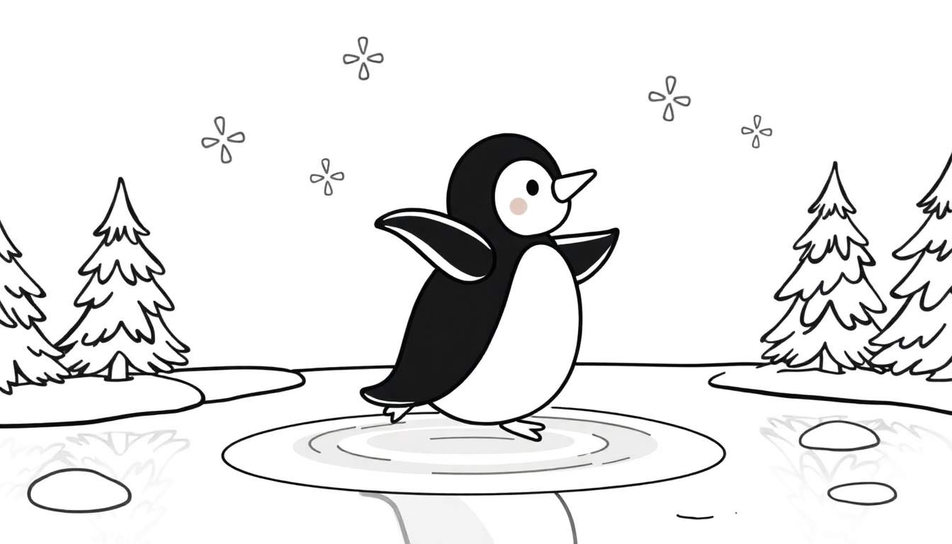 A cute cartoon penguin on an ice floe, ready for a color panel.