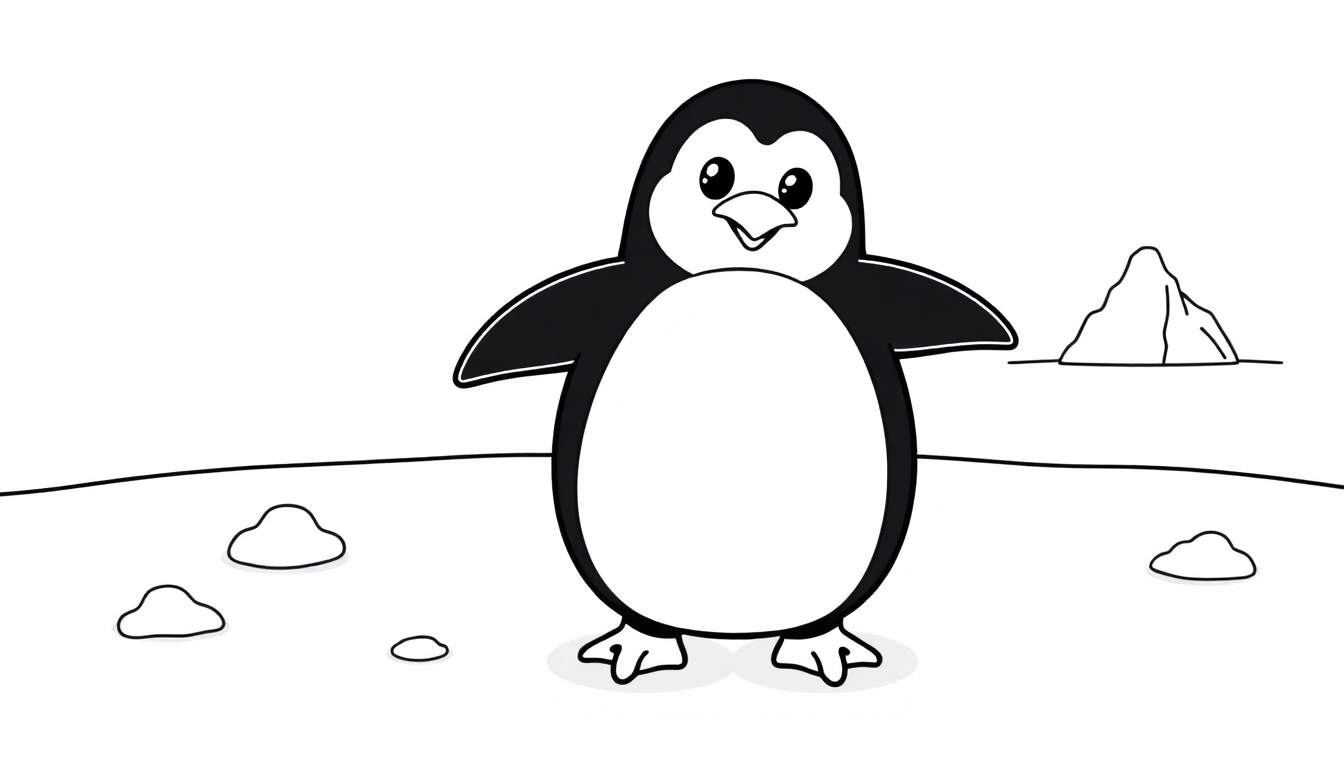A black and white cartoon penguin standing on snow, ready for coloring. This is a color panel for kids.