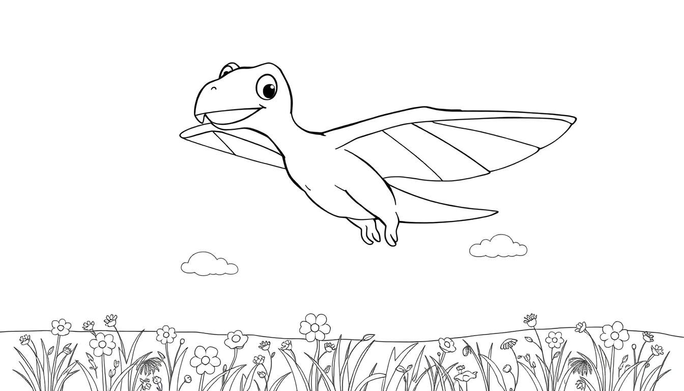 A cute Pteranodon illustration for a color panel, with a friendly smile.