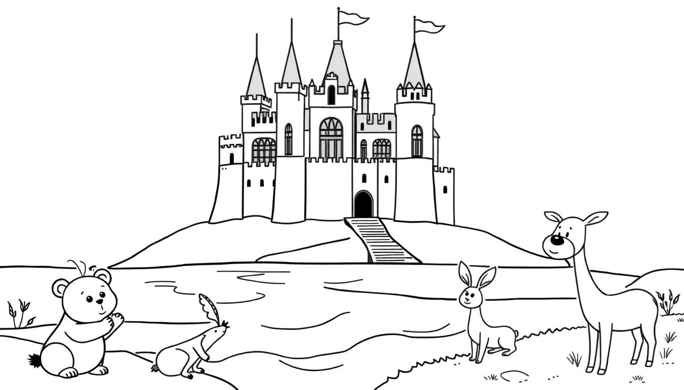 A whimsical black and white cartoon castle scene with friendly animals by a river, perfect for a coloring panel.