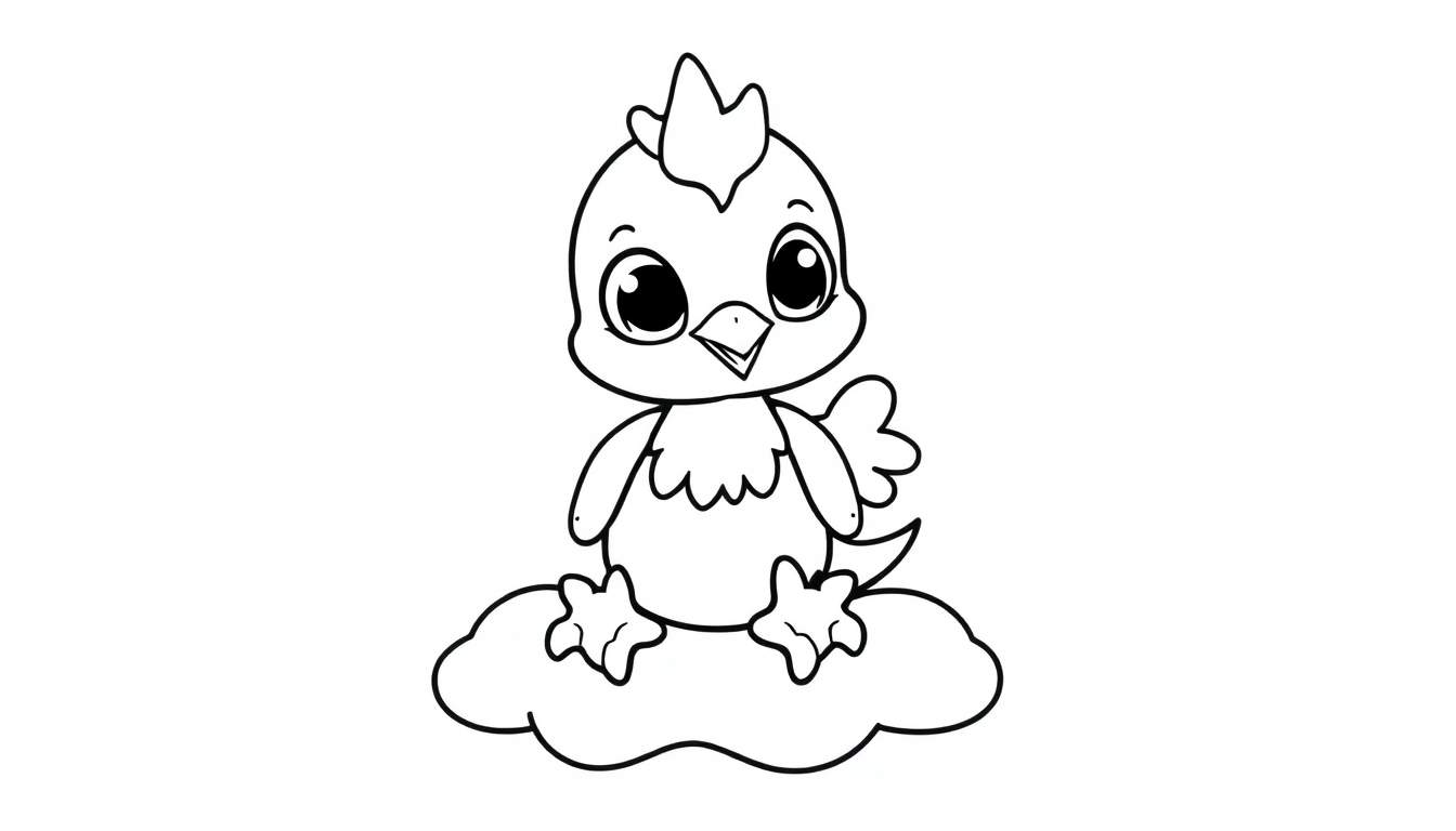 A cute cartoon chick outline for a color panel, sitting on a cloud.