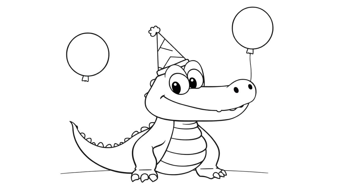 A cute cartoon alligator wearing a birthday hat and holding a balloon, ready for a color panel adventure.