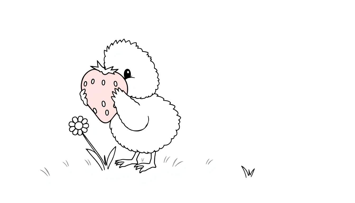 A fluffy chick peeking around a pink strawberry, a daisy and grass in a color panel.