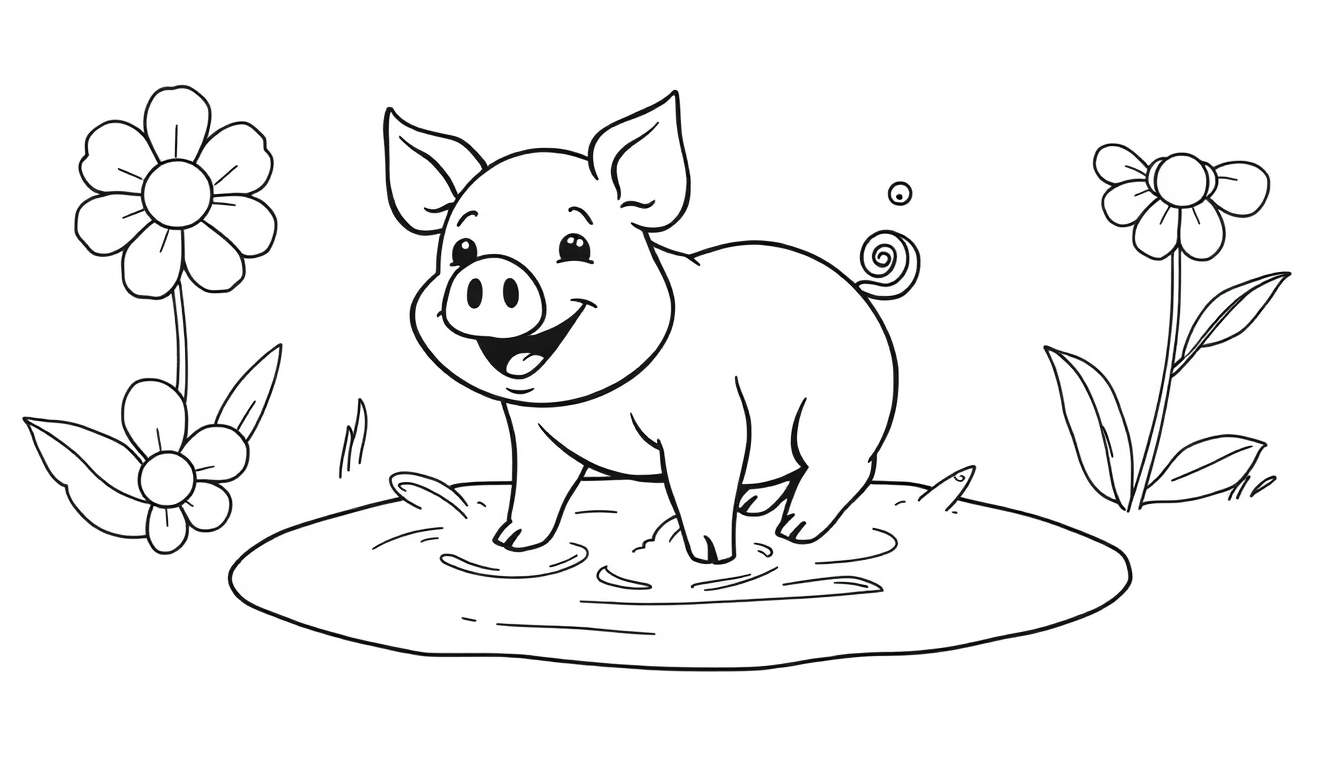 A cute cartoon piglet in a colorful flower garden color panel.