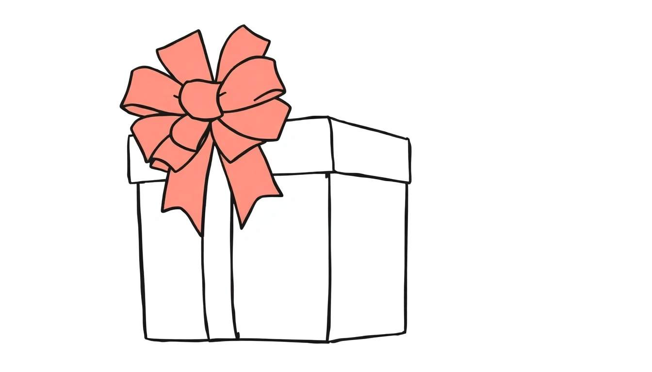 A simple drawing of a white present with a peach color panel bow.