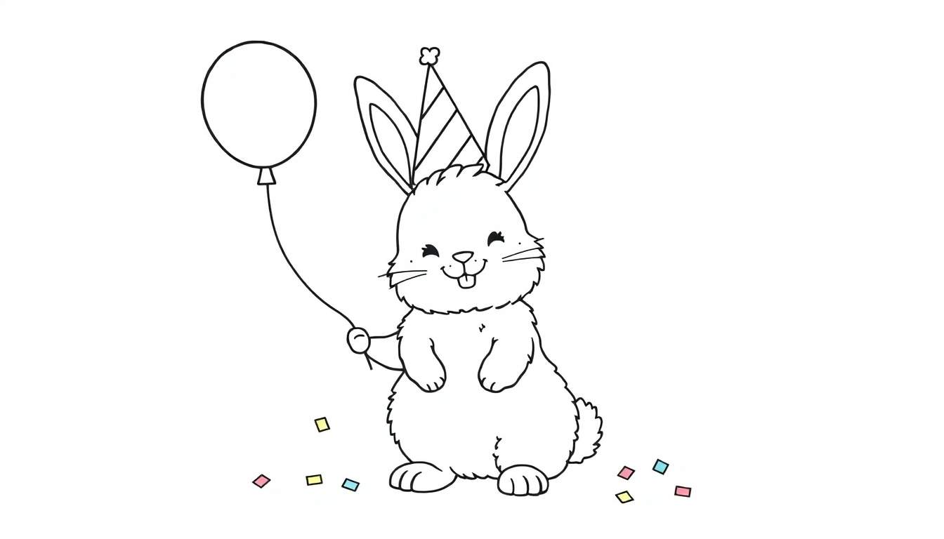 A cute black and white drawing of a bunny celebrating with a balloon and party hat, surrounded by confetti, for a color panel.
