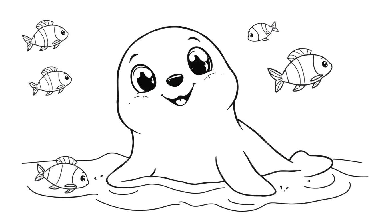 A cute seal is in a color panel surrounded by fish.
