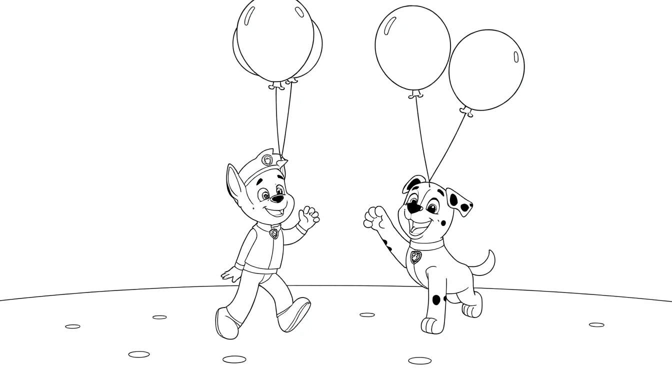 Paw Patrol pups Chase and Marshall holding balloons, a color panel.