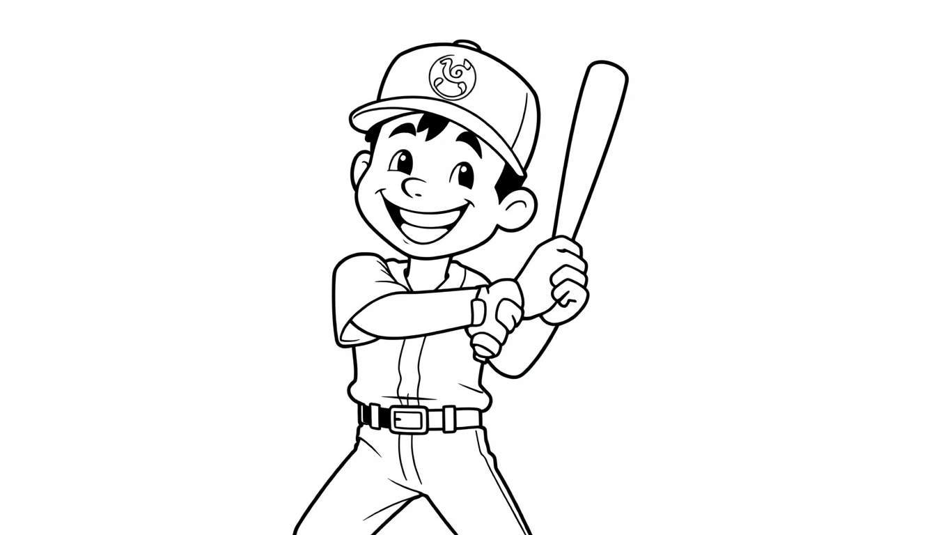 A cute cartoon boy ready to swing his baseball bat in this fun color panel.