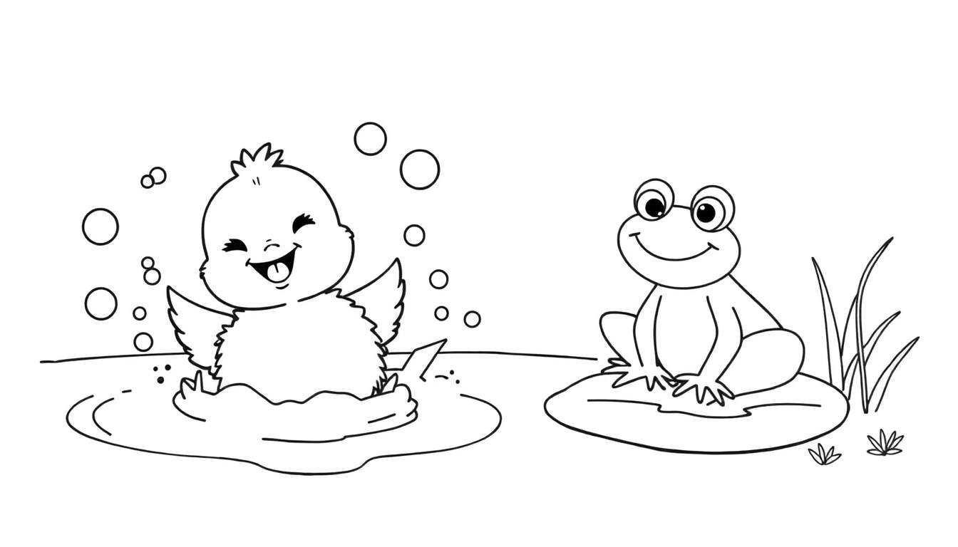 A black and white color panel illustration of a baby chick playing in a bubbly puddle with a frog on a lily pad.