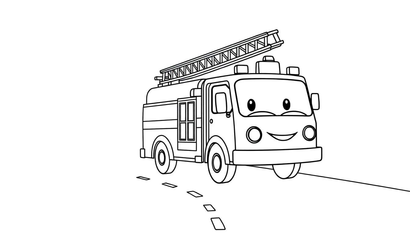 A cartoon fire engine with a smiling face, ready for its color panel.