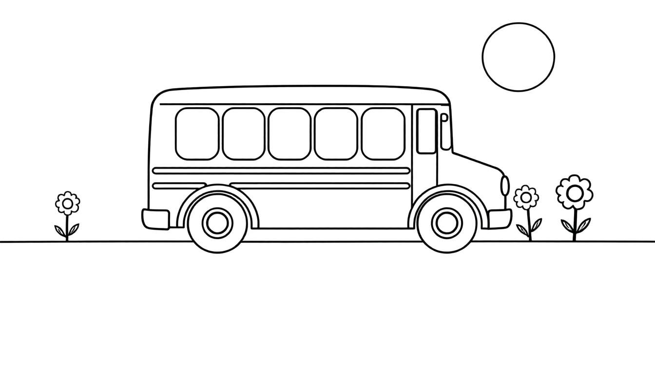 A black and white drawing of a school bus on a plain background with a sun and flowers, a coloring panel.