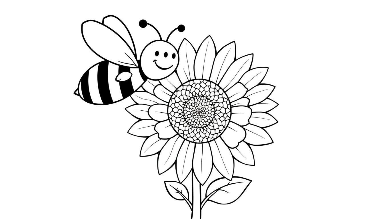 A cheerful cartoon bee coloring panel hovering near a large sunflower.