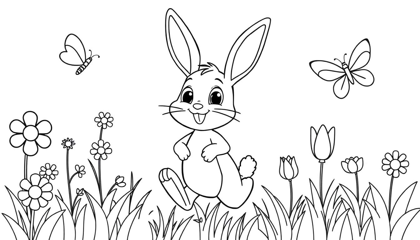 A black and white coloring page featuring a happy bunny with its paws up, surrounded by flowers and butterflies, ready for a color panel.