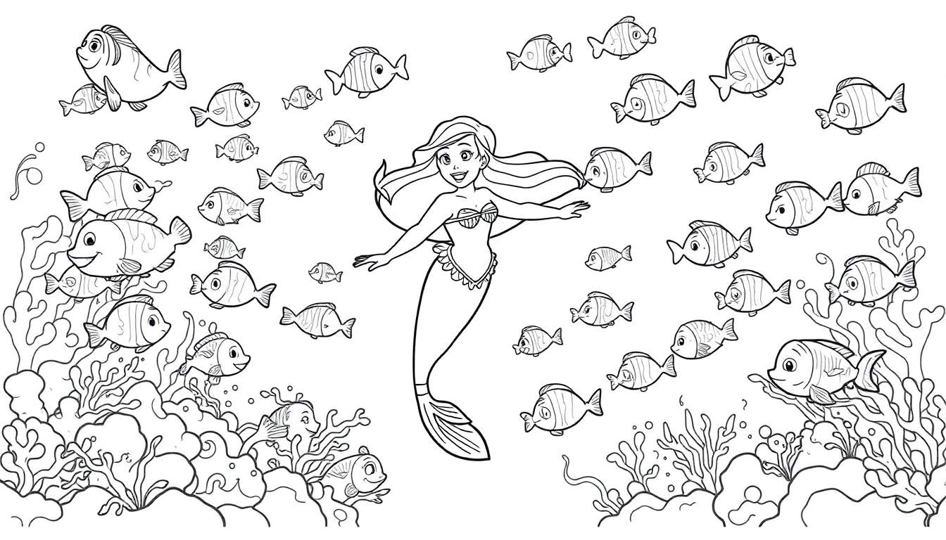 Ariel the mermaid enjoying a color panel with fish.