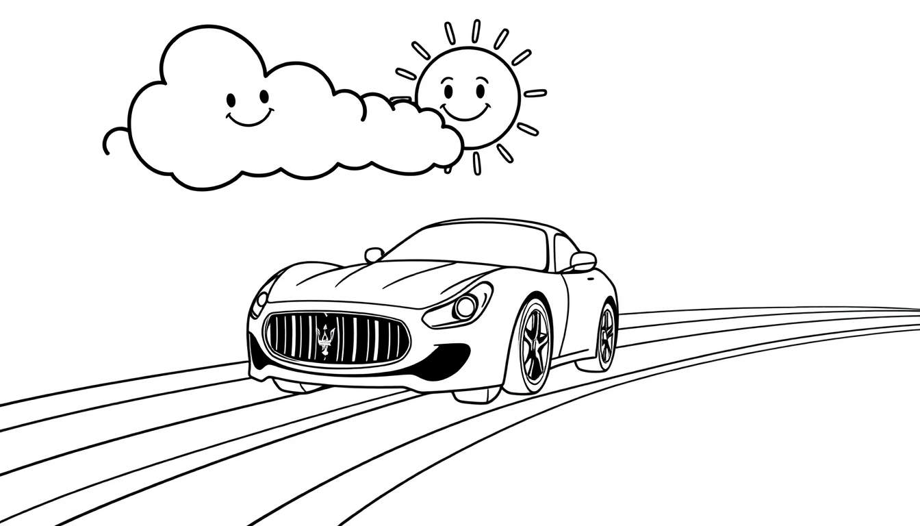 A black and white line drawing of a Maserati on a road with a smiling sun and cloud. This color panel drawing is very cheerful!