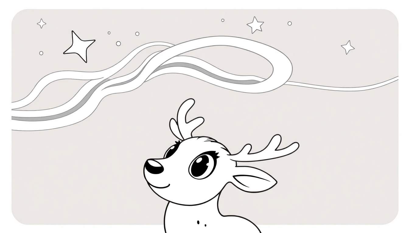 A cute baby reindeer looking up at the magical aurora borealis dancing in the night sky, stars twinkle above, whimsical cartoon style for kids coloring, a color panel.