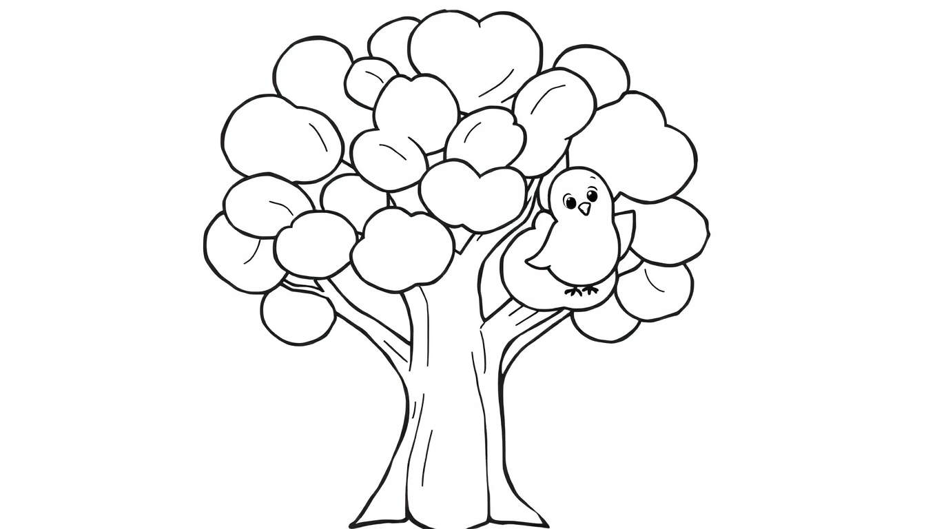 A black and white drawing of a tree with a cute bird, perfect for a color panel.