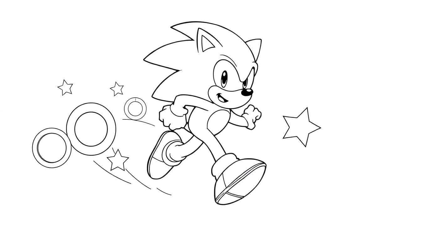 Sonic the Hedgehog running, a black and white color panel for coloring.