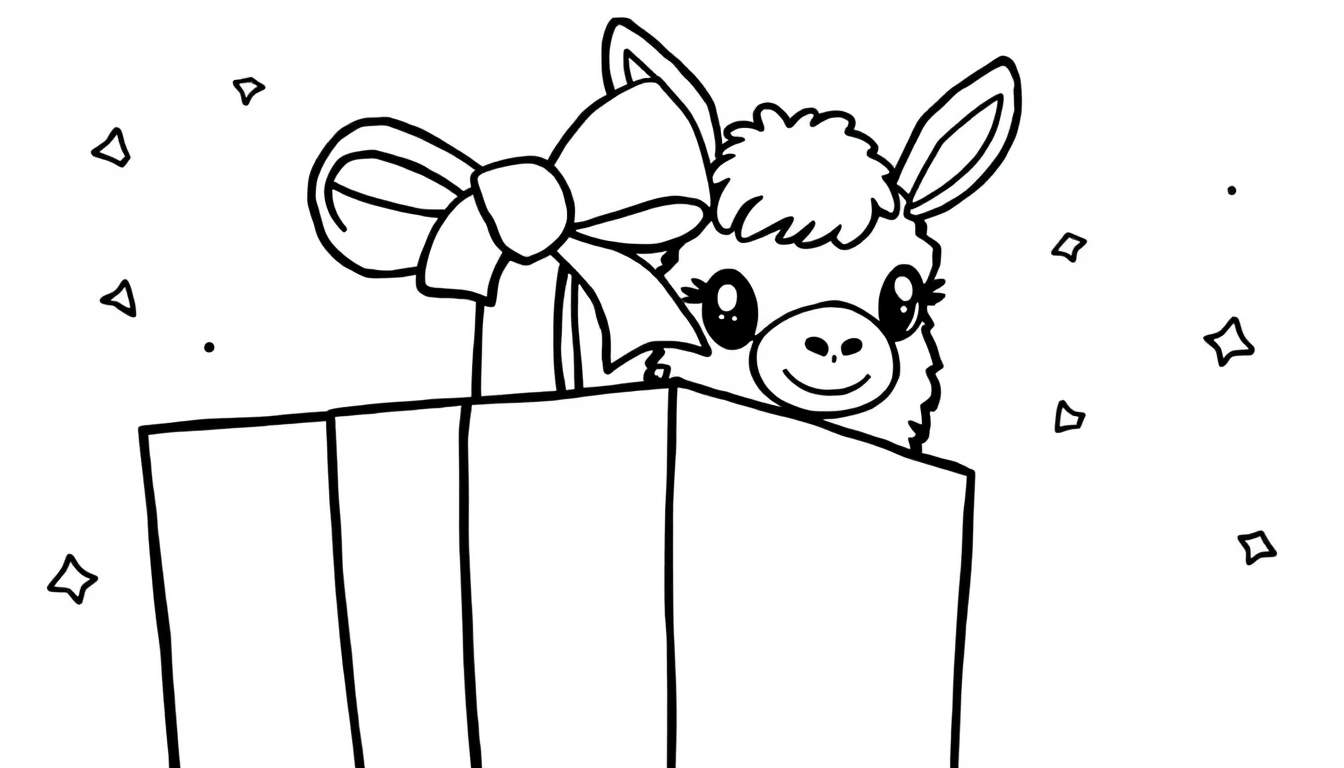 A black and white cartoon llama peeking out of a gift box, ready for a color panel adventure.