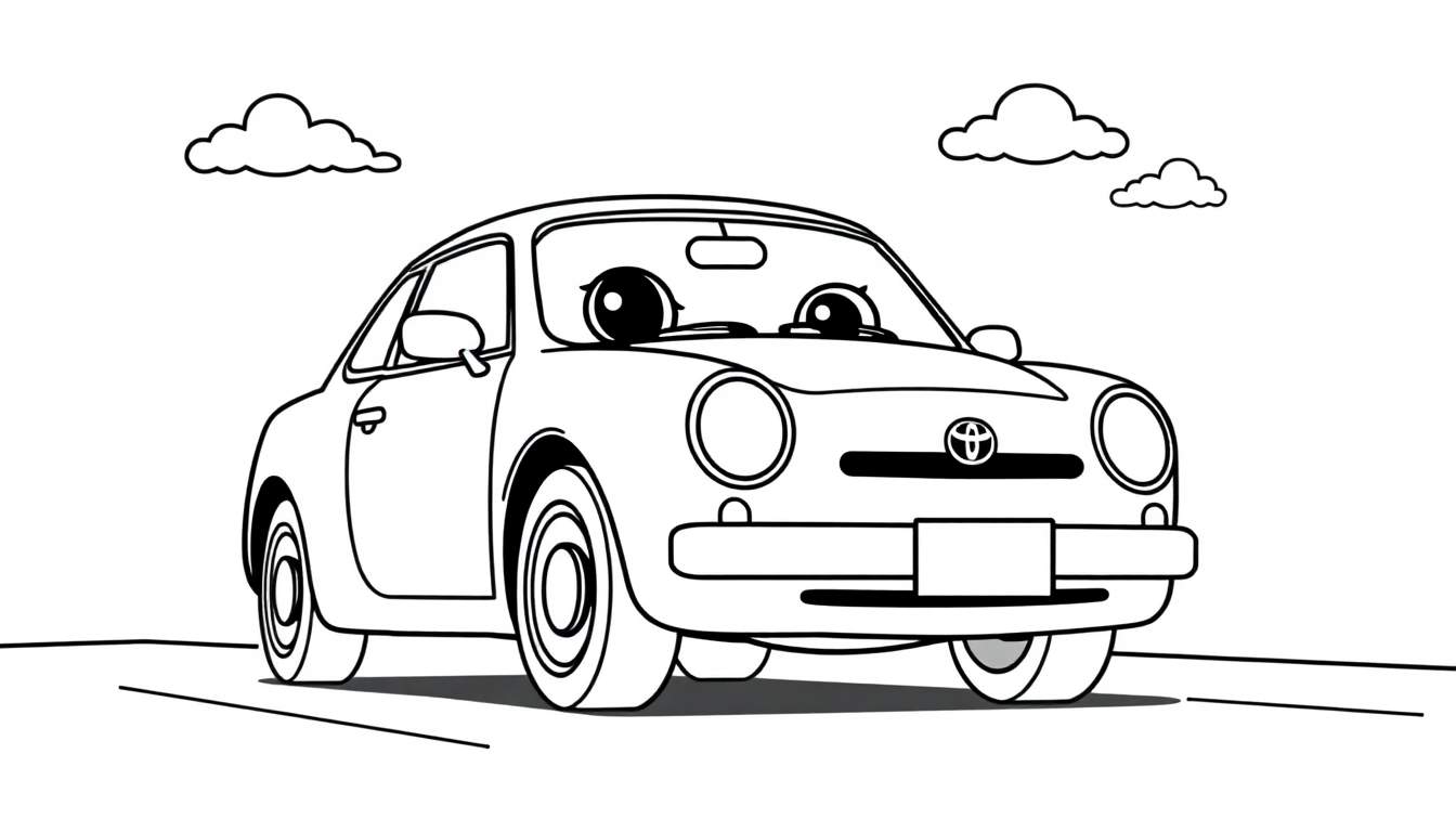 A cute cartoon Toyota car with big eyes, ready for adventure on a color panel road, with fluffy clouds above. This is a black and white line art drawing.