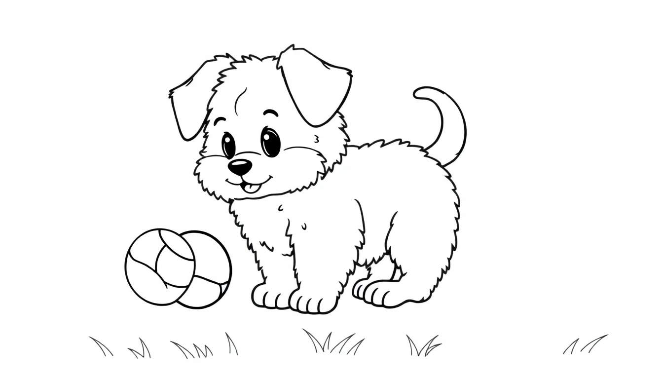 A cute puppy playing with a ball, a black and white illustration for a color panel.