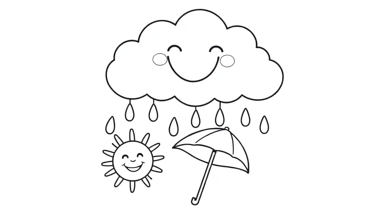 A cheerful color panel showing a smiling cloud raining colorful drops on a smiling sun and an open umbrella.