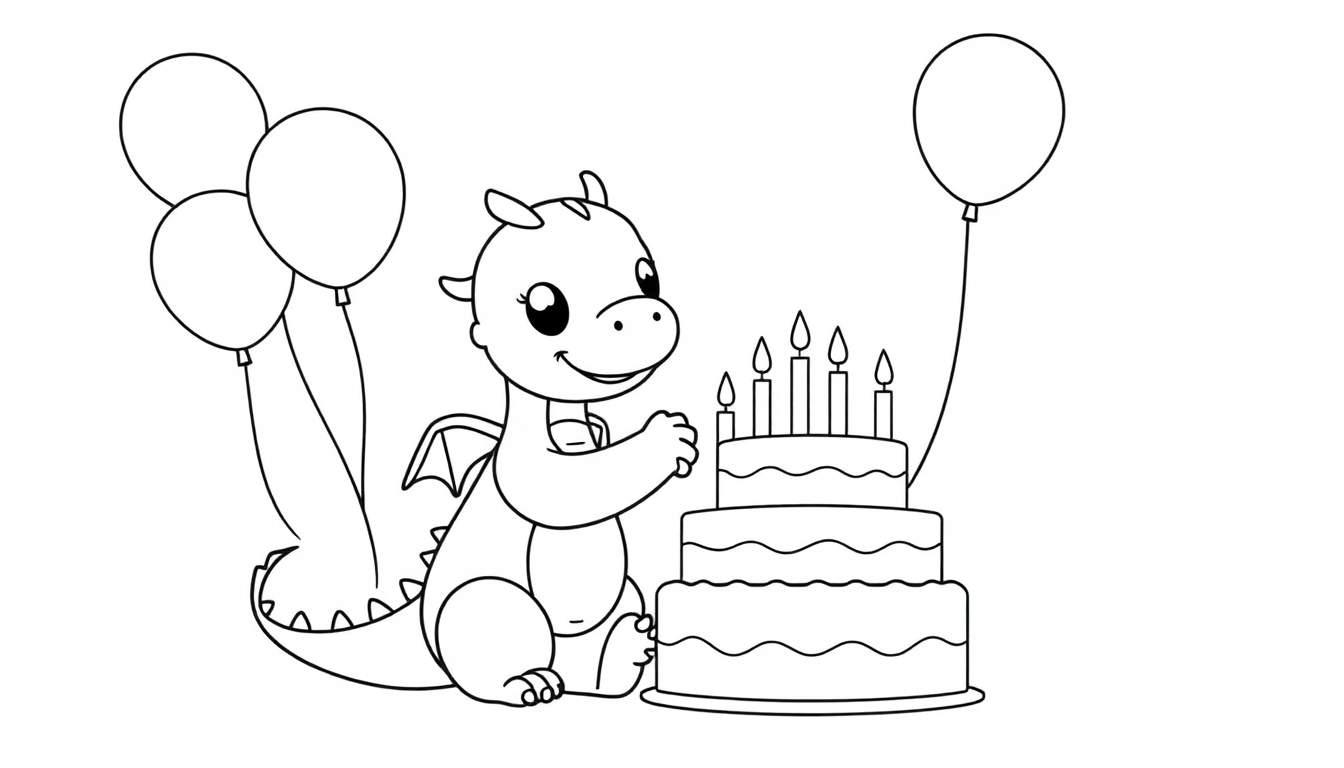 A cute baby dragon ready to clap at its birthday cake color panel.