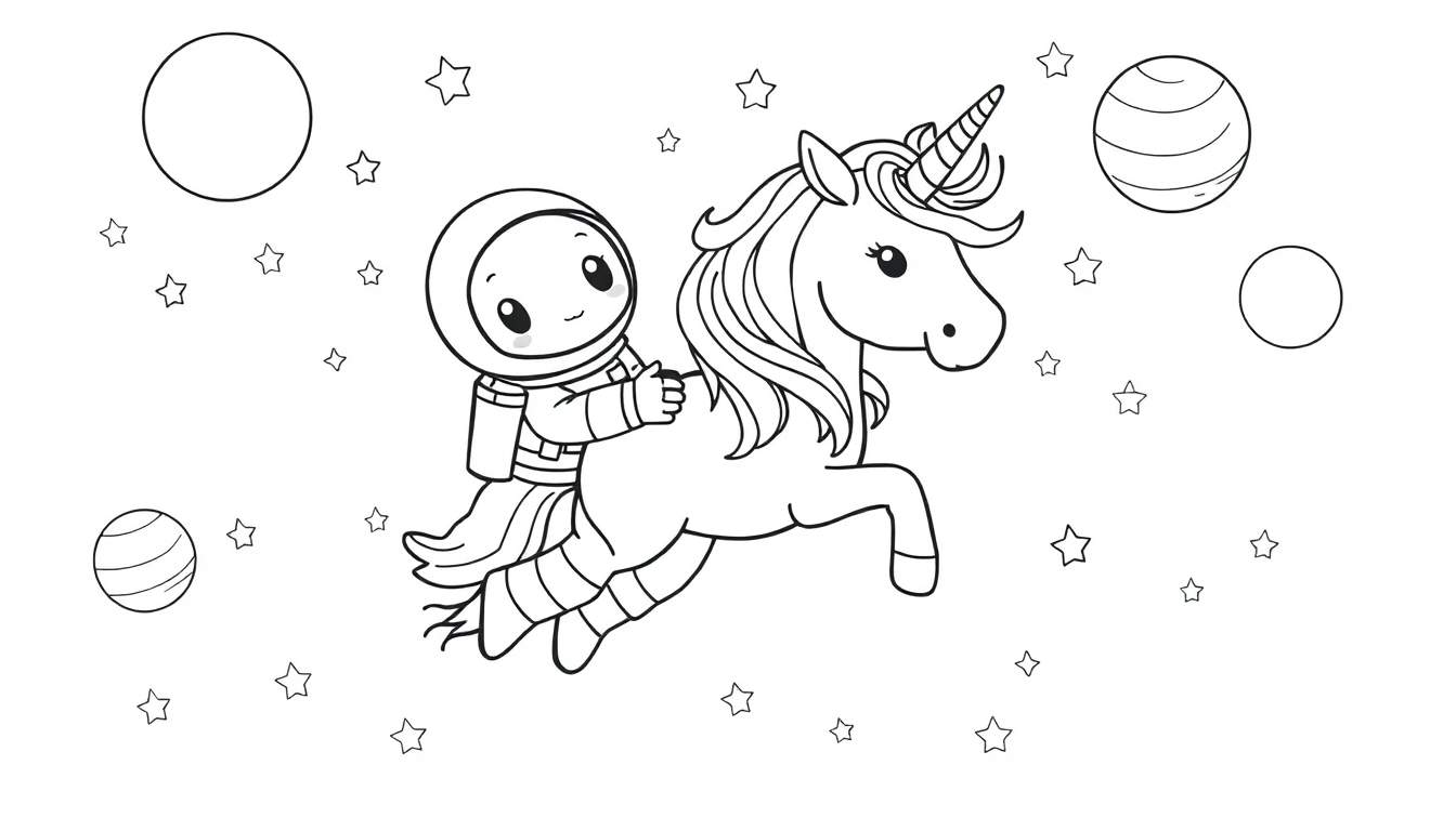 Chibi astronaut riding a unicorn through space, a fun color panel for kids.