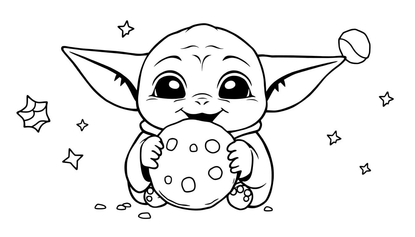 A cute Baby Yoda, a black and white line drawing, holding a space cookie, surrounded by stars, in a color panel.