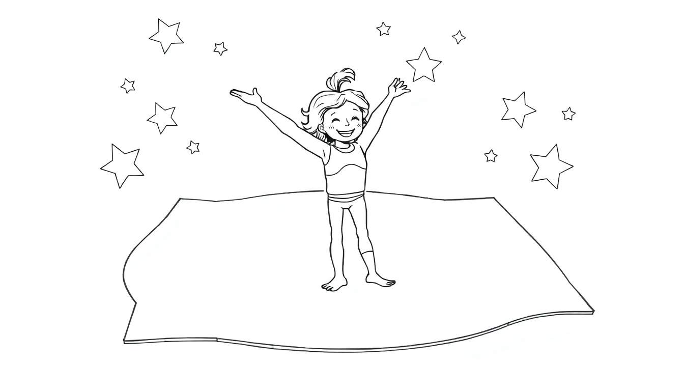 A happy young gymnast with her arms up in a celebratory pose, surrounded by stars. Perfect for a coloring panel!