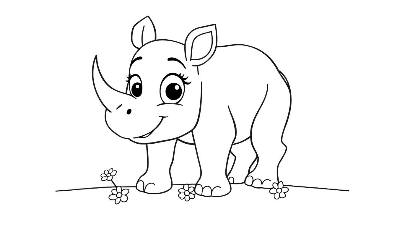 A friendly baby rhino coloring panel with big eyes in a field of flowers.
