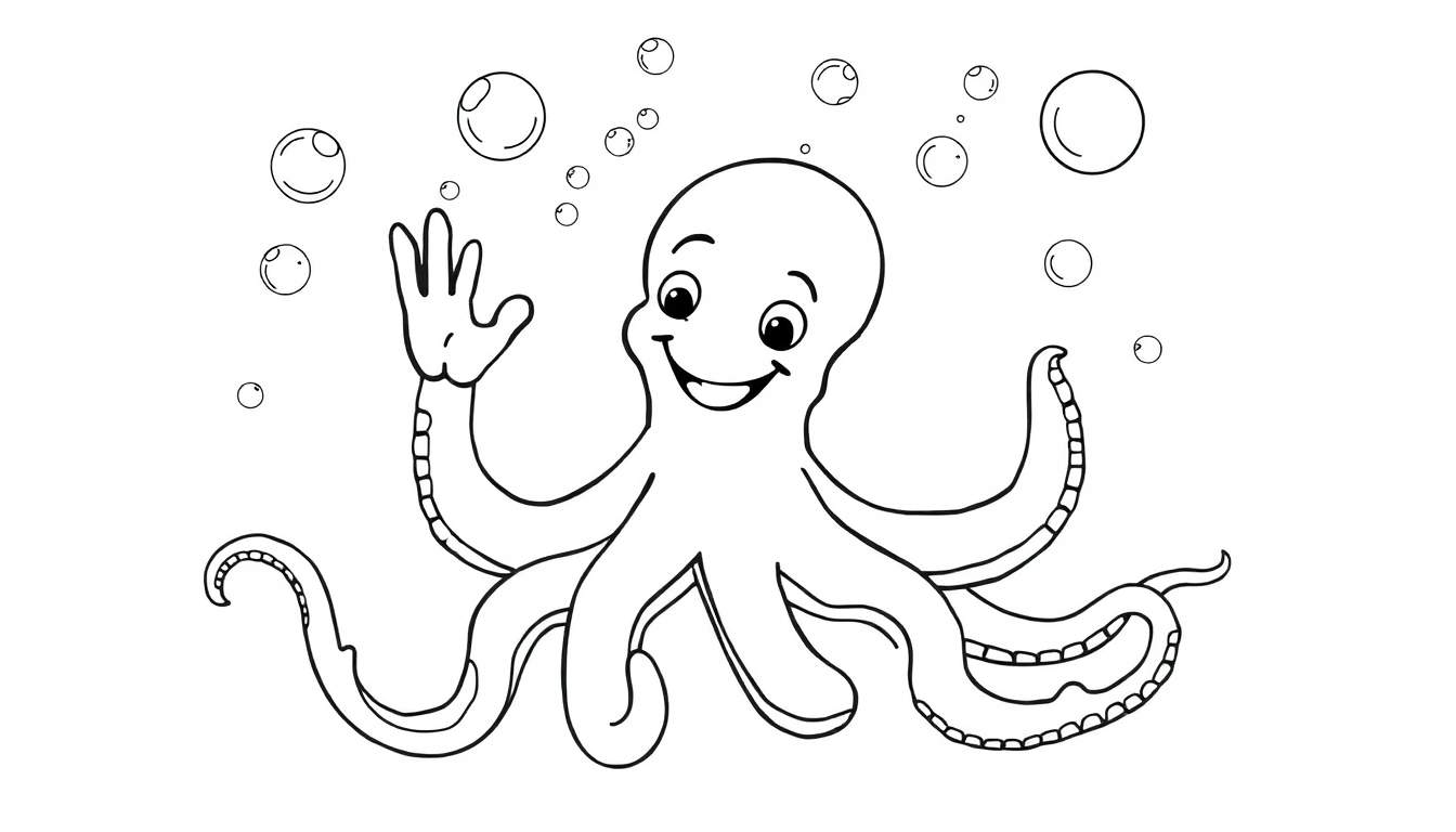 A happy octopus waving hello with all its tentacles, surrounded by colorful bubbles, a great color panel for kids.